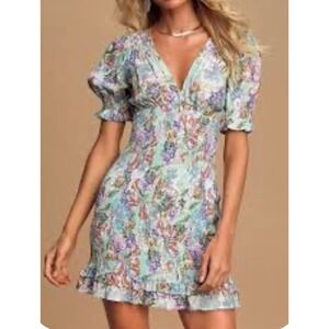 Lulus Floral Smocked Mini Dress Puff Sleeve V-Neck Ruffle Hem Mint Multi Size S